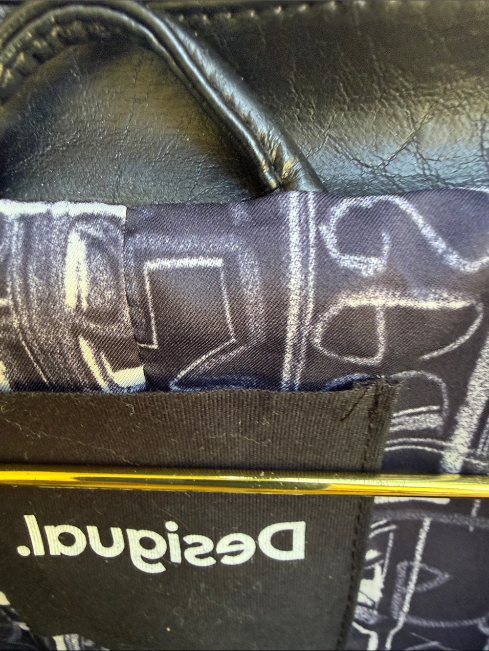Desigual Black Faux Leather Bomber Jacket with Decorative Lining - Picture 3 of 4